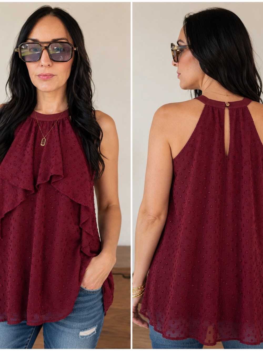Michael Kors Swiss Dot Halter Blouse Top Burgundy Sleeveless Medium NWT